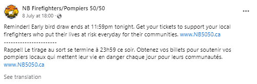A screen capture of New Brunswick Firefighters' 50/50 announcing it's the last chance to win the Early Bird draw for cash