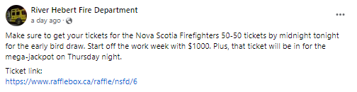 Screen capture of "River Hebert Fire Department" announcing their 50/50 draw winner